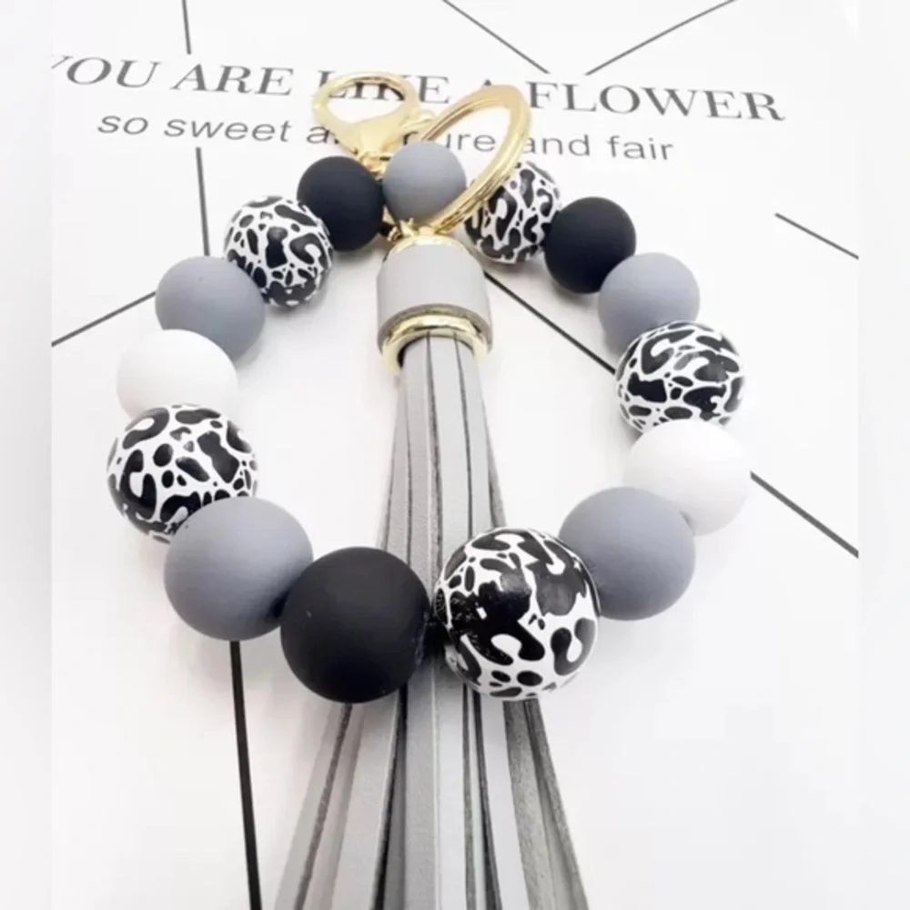✨NEW✨Leopard Print Tassel Keychain Bracelet - Gray, Black, White